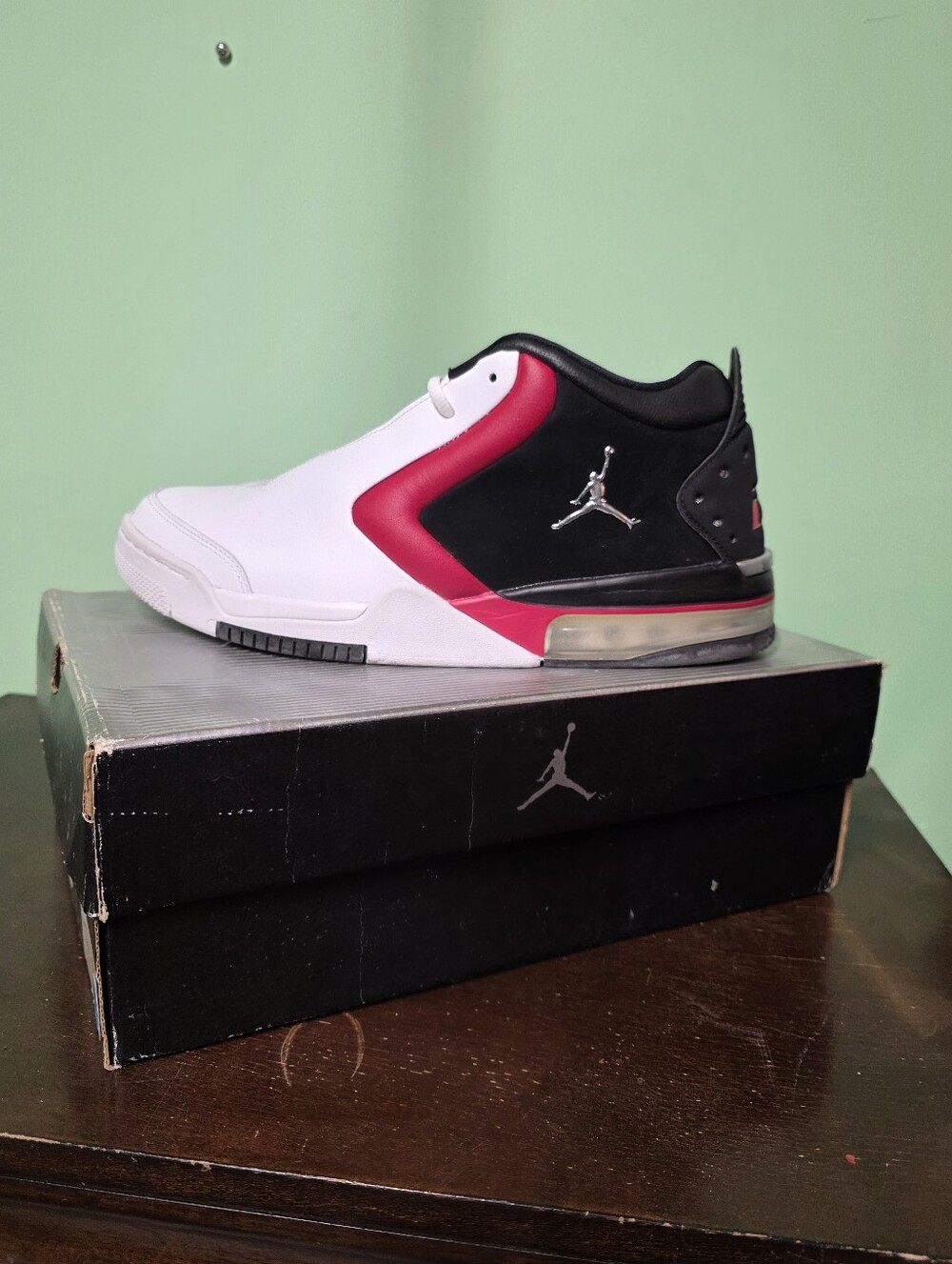 Jordan Mid Basketball Shoe in White, Black & Red
